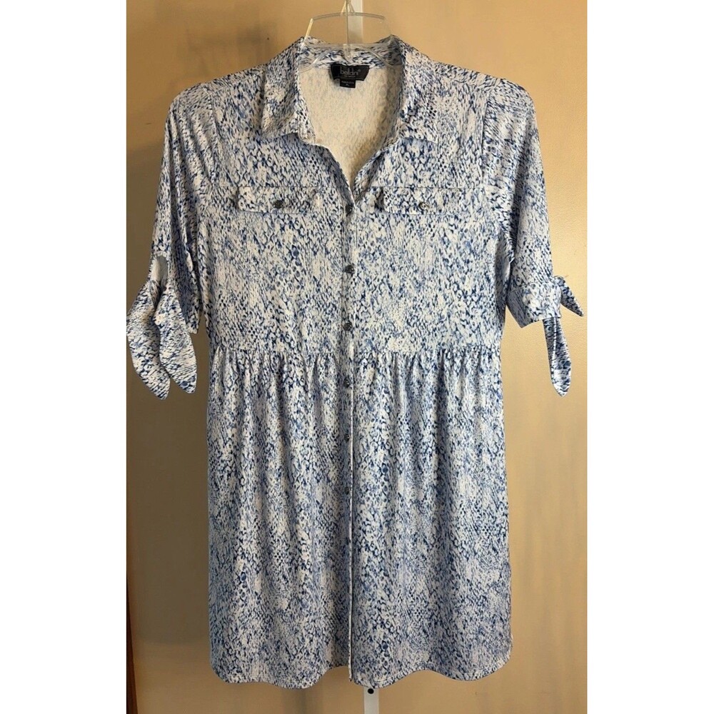 Belldini Women Blue White Shirt Dress Buttons Short Petite L 3/4 Sleeve